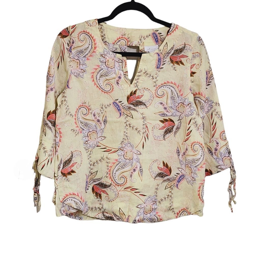 J. Jill Love Linen top XS yellow paisley floral print Breathable Sustainable